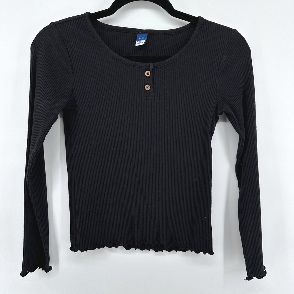 Old Navy Girls Black Ribbed Henley Long Sleeve Top Lettuce Hem Size L 10-12
